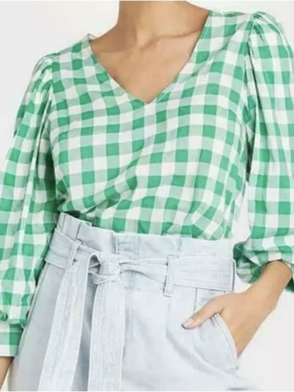 A NEW DAY Green and White Gingham Puff Sleeve V-Neck Blouse XL
